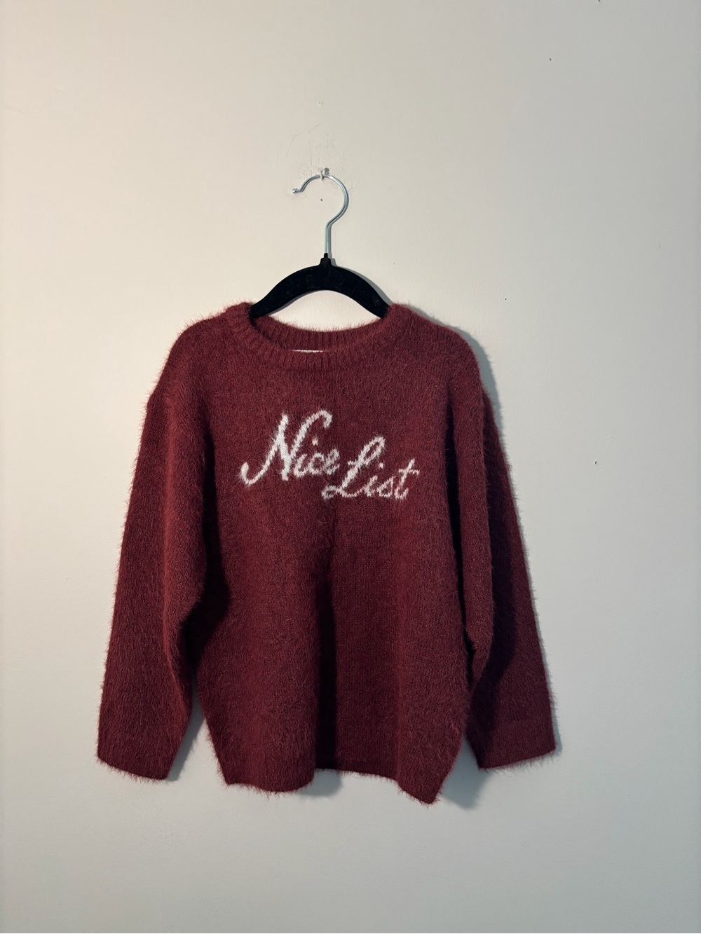 Old Navy Burgundy Fuzzy 'Nice List' Crew Sweater